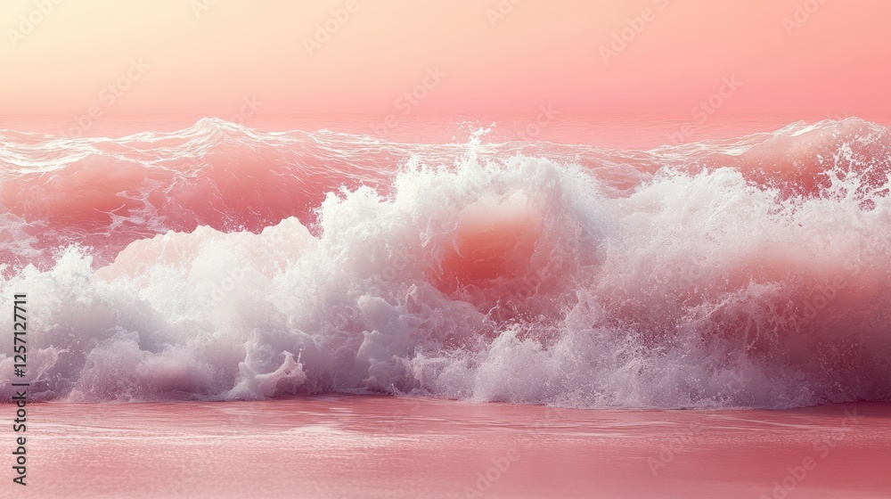 Fototapeta premium Pink ocean waves crashing on beach at sunset, background serene sky, website header