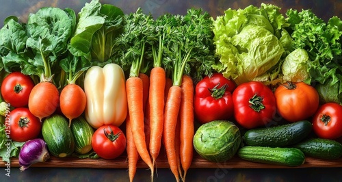 Assorted Fresh Organic Vegetables Flat Lay with Carrots Tomatoes Lettuce and More