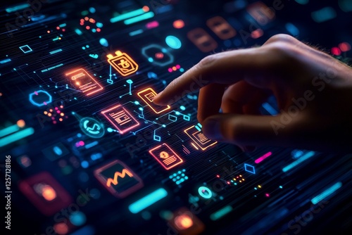Fintech network automation concept. Futuristic interface with glowing icons and a finger interacting with technology.