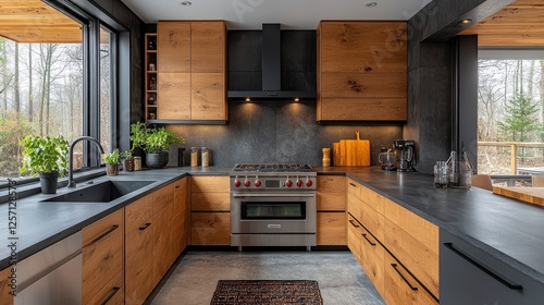 Modern kitchen design, wood cabinets, stone counters, window view, home interior design