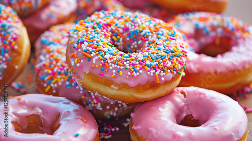 Pile of ring doughnuts covered in sprinkles