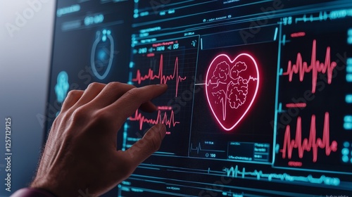 Health tech monitoring security concept. Hand touching a digital heart monitor on a futuristic screen.