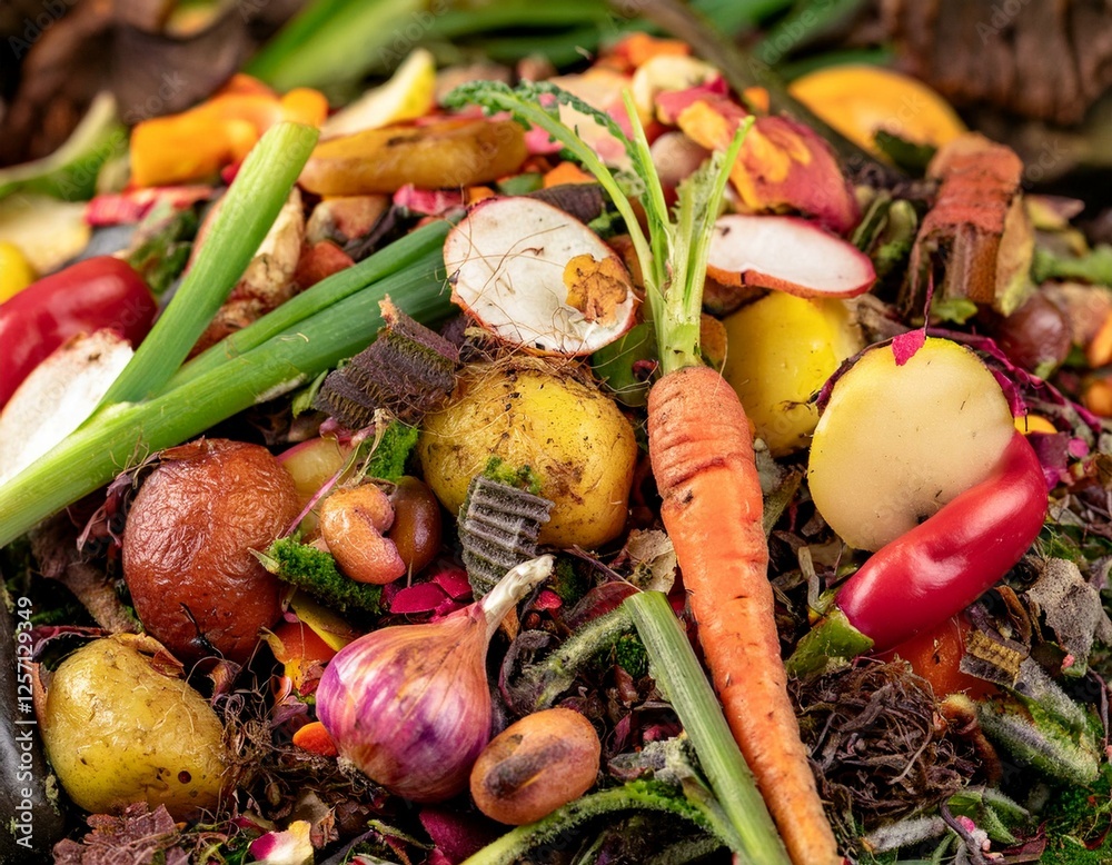 Vibrant collection of vegetable scraps and organic waste in a compost pile found in a garden setting Vibrant collection of vegetable scraps and organic waste in a compost pile found in a garden setting