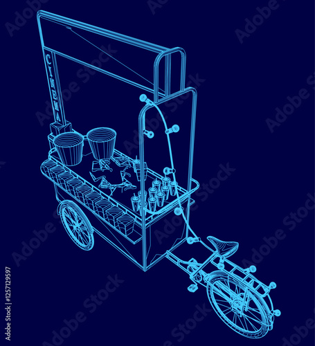 A blue drawing of a food cart on a bicycle. The cart is filled with various items, including bottles and a bucket. The cart is designed to be mobile and easily transportable