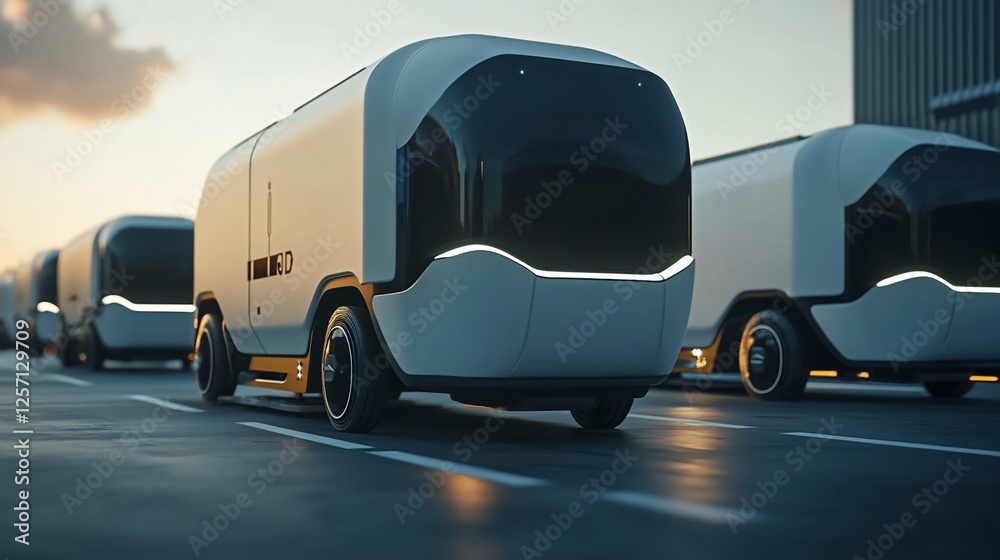 A line of modern white autonomous delivery vans moving on a city street during sunset A line of modern white autonomous delivery vans moving on a city street during sunset