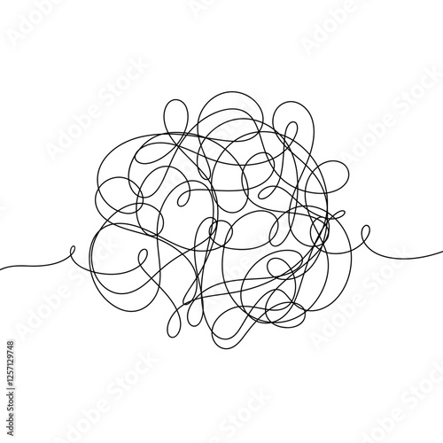 Tangled tangle of abstract lines, graphic black and white illustration, hand-drawn by one infinite vector. Decorative element for decoration, poster, banner. Drawing sketch of a chaotic circle, brain