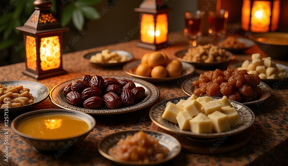 Cozy Ramadan food and drinks illuminated by glowing lanterns for a warm festive ambiance Cozy Ramadan food and drinks illuminated by glowing lanterns for a warm festive ambiance