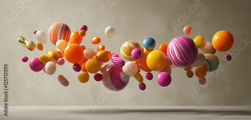 Assorted candies with vibrant colors, floating mid-air in a dynamic arrangement.