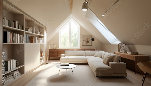 Modern Attic Living Room With Neutral Tones And Built In Bookshelves