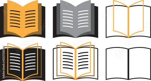 Set of Open Book Icons in Various Colors and Styles, set of open book icons, displayed in different color palettes: one in gold/brown, one in gray, one in black/gold, and one in black outline.