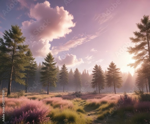 Light pink sky with wispy clouds and a few scattered sunbeams on a serene forest landscape, gentle illumination, peaceful scenery, serene ambiance