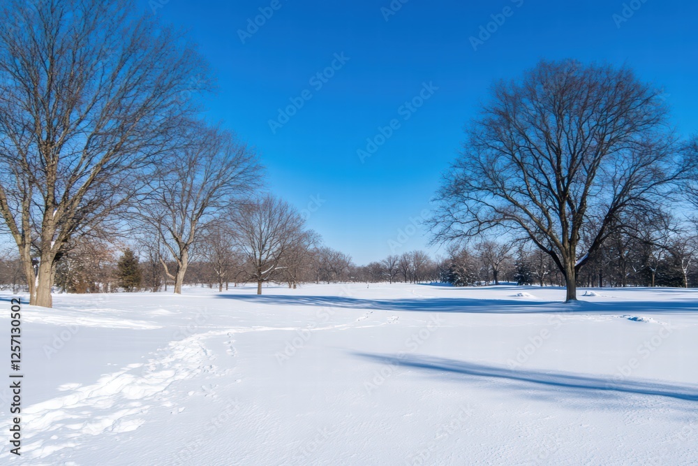 Obraz premium Snowy Winter Landscape with Bare Trees and Clear Blue Sky