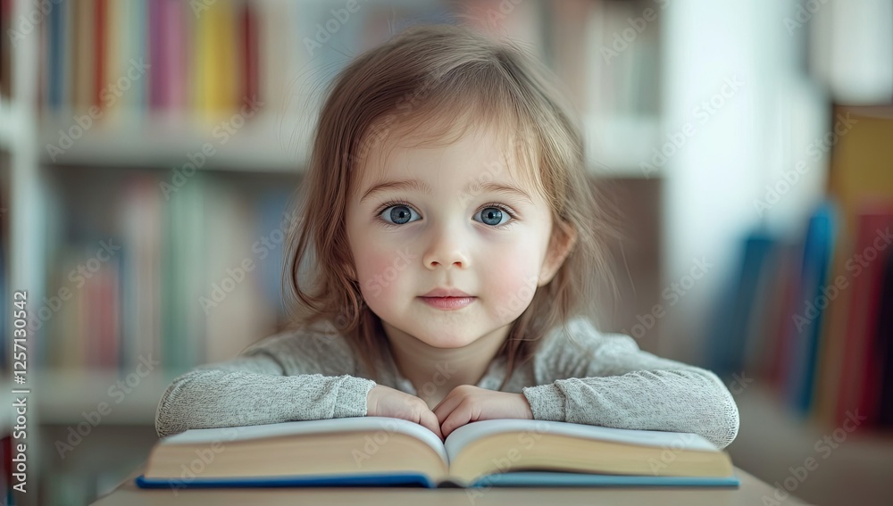 Little Girl Reading Book In Library Setting Little Girl Reading Book In Library Setting