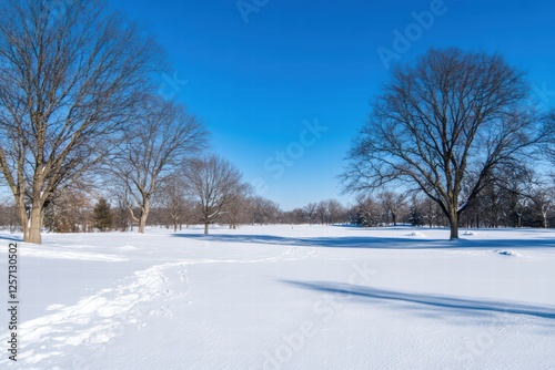 Snowy Winter Landscape with Bare Trees and Clear Blue Sky