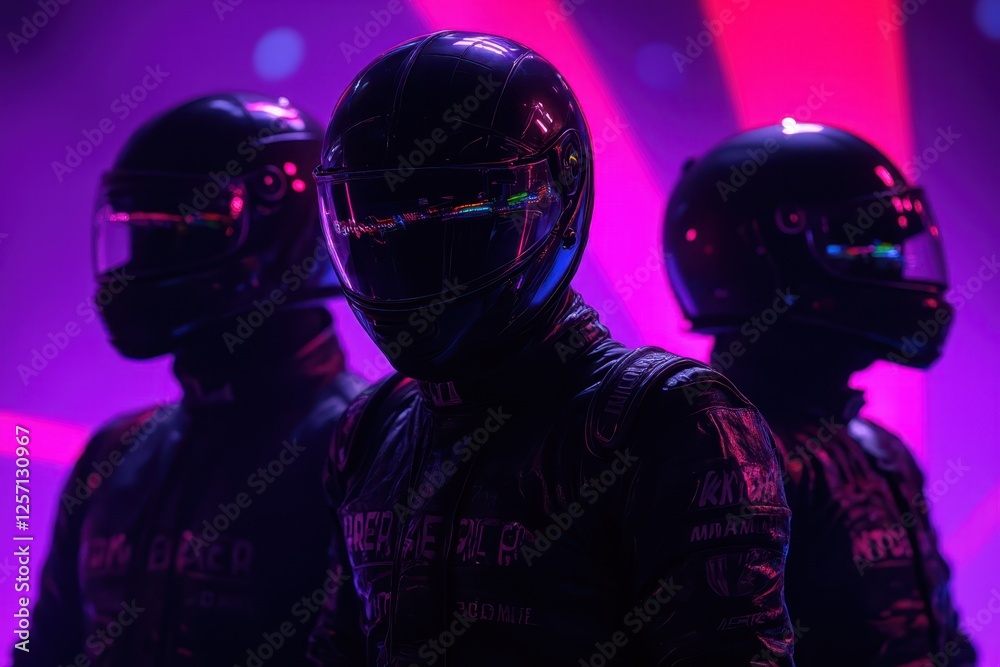 three men wearing helmets stand in front of a purple light three men wearing helmets stand in front of a purple light