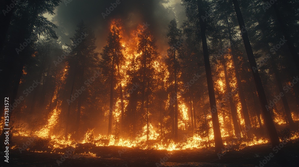 Forest fire engulfing tall trees, smoky sky, danger Forest fire engulfing tall trees, smoky sky, danger