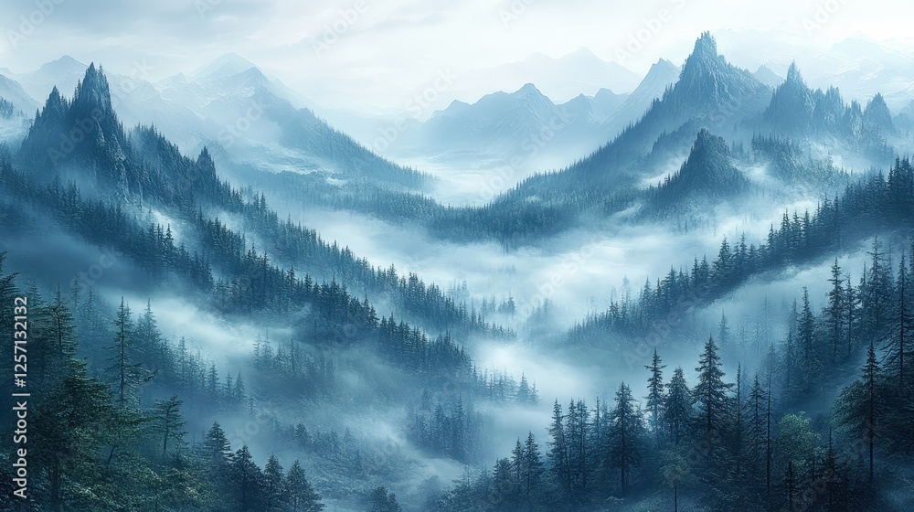 Fototapeta premium Misty mountain valley, evergreen forest, scenic landscape, travel poster