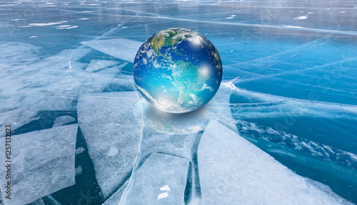 Fototapeta Naklejka Na Ścianę i Meble -  Glass Globe (planet earth) on ice 