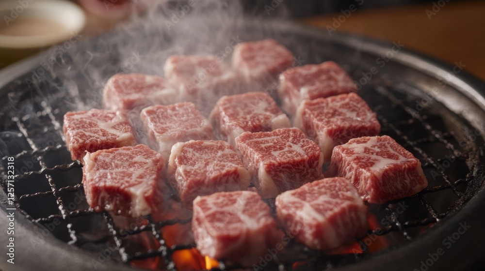 A tempting image of marbled steak cuts on a grill, sizzling and surrounded by smoke, capturing the deliciousness of cooking fresh meat