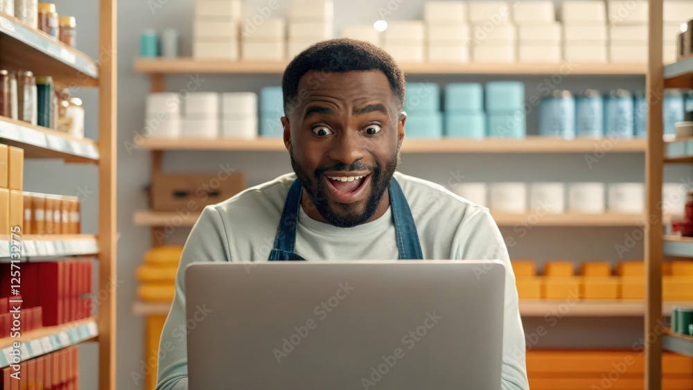 Fototapeta premium Surprised Shop Owner Looking at Laptop