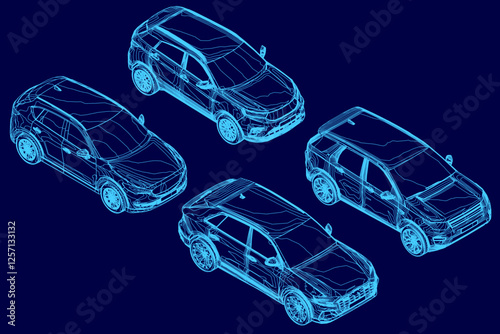 Four cars are shown in a blue background. The cars are all different shapes and sizes, with one being a small hatchback and the others being larger vehicles. The blue background gives the image a cool