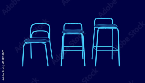 Three chairs are shown in a blue background. The chairs are all different sizes and shapes. The chairs are arranged in a row, with the tallest one in the middle and the shortest one on the left