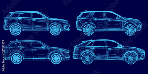 Four different cars are shown in a blue background. The cars are all different sizes and styles, but they all have a similar design. Scene is one of modernity and sophistication, as the cars are sleek