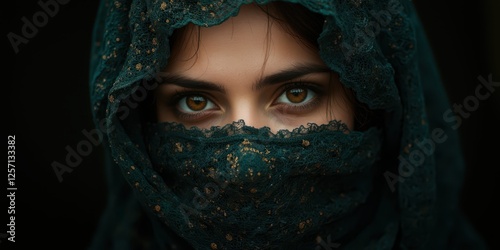 a woman with green eyes and a veil