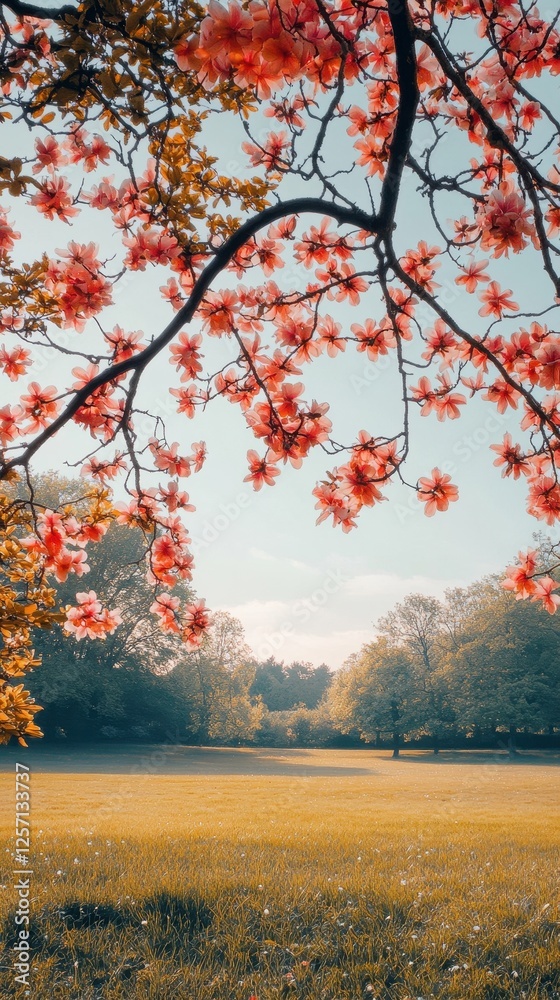 A blooming tree with pink flowers towers over a peaceful park landscape, inviting tranquility A blooming tree with pink flowers towers over a peaceful park landscape, inviting tranquility
