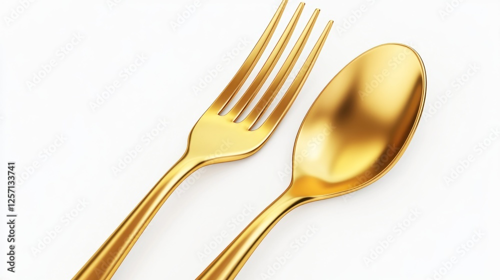Gold Fork and Spoon on White Background (2)