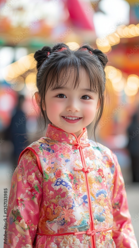 Little Girl in Traditional Tang Suit Smiles Joyfully at Amusement Park Entrance on a Sunny Day. Generative AI Little Girl in Traditional Tang Suit Smiles Joyfully at Amusement Park Entrance on a Sunny Day. Generative AI