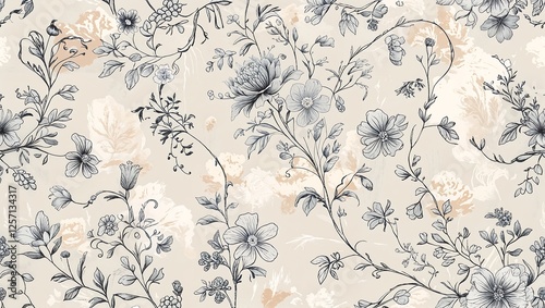 Intricate French Toile-Inspired Floral Pattern with Delicate Line Art in Muted Pastels on Creamy 