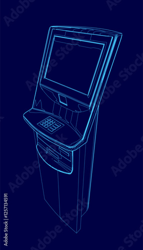 A blue outline of cash machine with a keyboard.