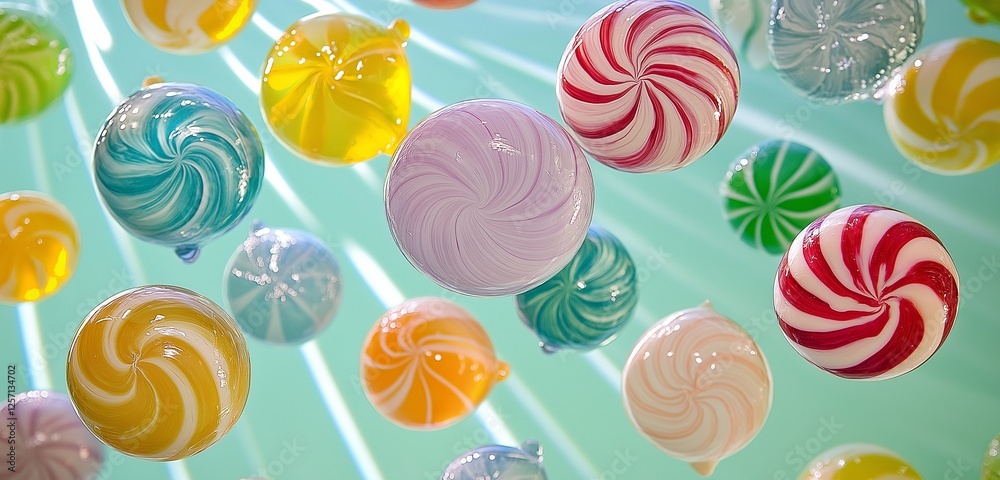 Glossy, colorful candies levitating gracefully, their intricate patterns glowing under gentle light. Glossy, colorful candies levitating gracefully, their intricate patterns glowing under gentle light.