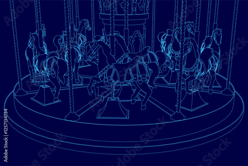 A blue image of a merry-go-round with horses. The horses are all in motion, and the ride appears to be a fun and exciting attraction