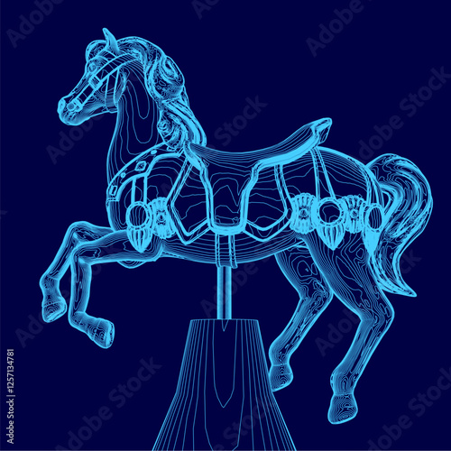 A blue horse with a saddle on a wooden post. The horse is drawn in a stylized way, with a blue color scheme. Scene is playful and whimsical
