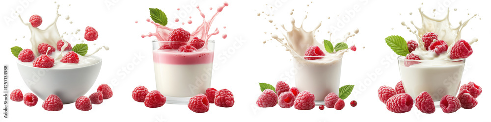 Raspberry splashing with milk, isolate on white background. Set Collection cutout png. Raspberry splashing with milk, isolate on white background. Set Collection cutout png.