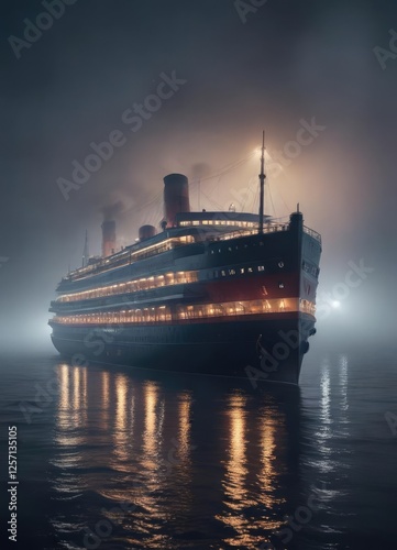 Mysterious foggy night with a classic ocean liner in the background , vintage cruise ship, ocean liner, nautical scene