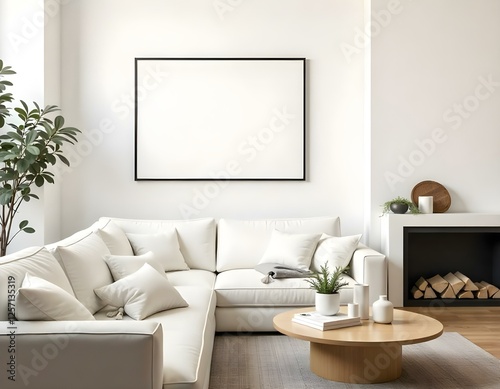 A modern living room featuring a large white sectional sofa adorned with various cushions. A round wooden coffee table sits in the center, holding decorative items. 