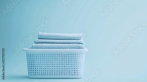 Light blue laundry basket with towels on solid background photo