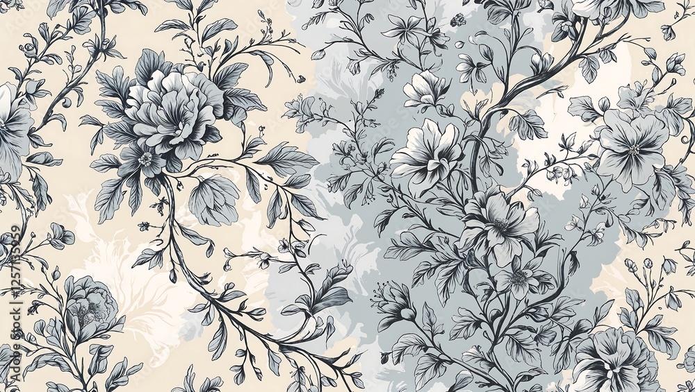 Intricate French Toile-Inspired Floral Pattern with Delicate Line Art in Muted Pastels on Creamy Intricate French Toile-Inspired Floral Pattern with Delicate Line Art in Muted Pastels on Creamy