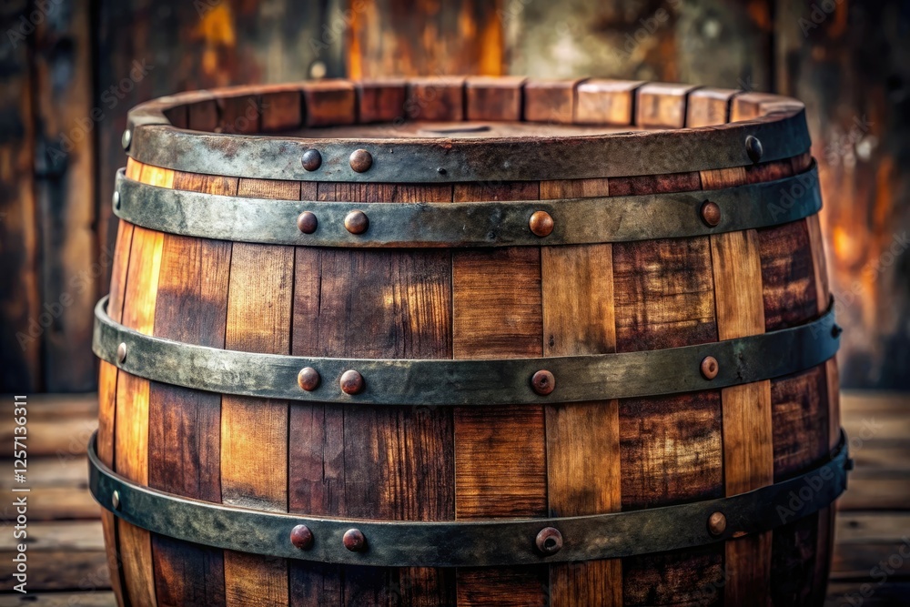 Old whiskey barrel with wooden staves and rusted metal bands, countryside, inside, aging Old whiskey barrel with wooden staves and rusted metal bands, countryside, inside, aging