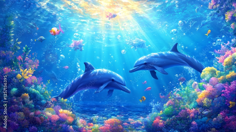 Fototapeta premium Underwater view of dolphins gliding through sunlit water, creating a calm and magical scene in their natural habitat