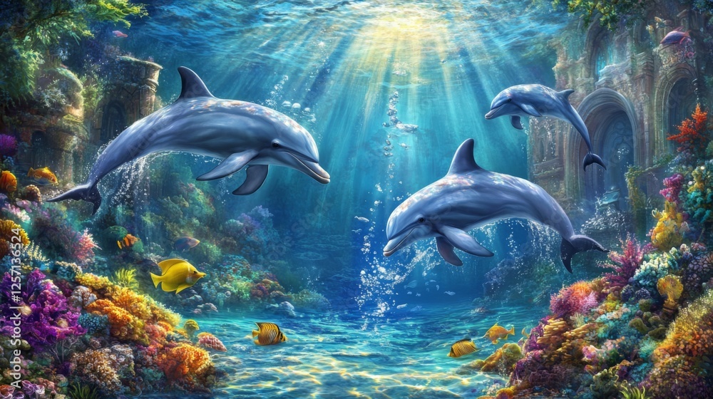 Obraz premium Underwater view of dolphins gliding through sunlit water, creating a calm and magical scene in their natural habitat