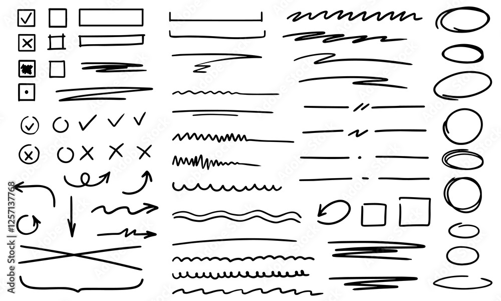A set of highlights, arrows, underlines, and hand-drawn underlines. A set of selection boxes, check marks, and crosses. A set of ellipses, rectangles, squares, ovals, and marks. A set of highlights, arrows, underlines, and hand-drawn underlines. A set of selection boxes, check marks, and crosses. A set of ellipses, rectangles, squares, ovals, and marks.