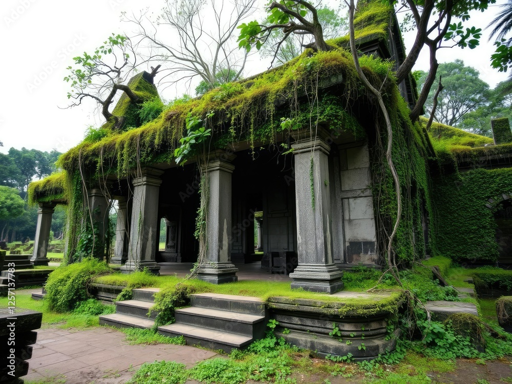 Overgrown temple ruins with vines and moss, temple, ruins, solitude