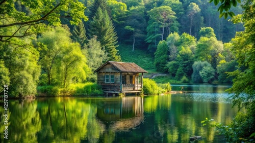 Obraz na płótnie Overgrown with green foliage a abandoned summer house stands on a hillside overlooking a sparkling lake and lush forest, scenery, hillslope, summer house, rustic, lake w salonie