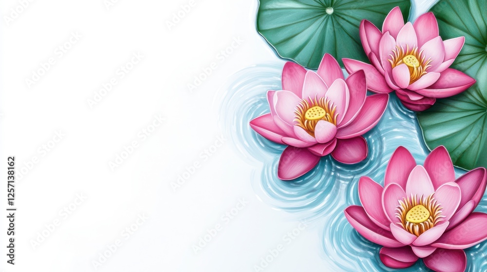 Obraz premium Tranquil Water Color Lotus Flowers with Green Leaves and Ripples