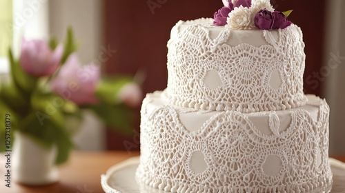 Elegant Two Tiered Lace Wedding Cake With Flowers