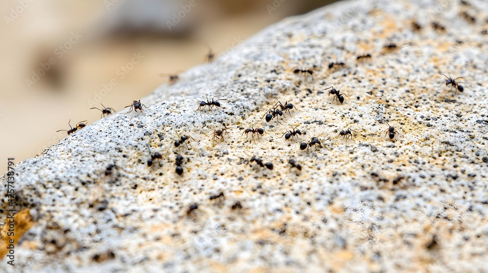 Numerous Black Ants Crawling on a Light Beige Rock Surface Outdoors Numerous Black Ants Crawling on a Light Beige Rock Surface Outdoors